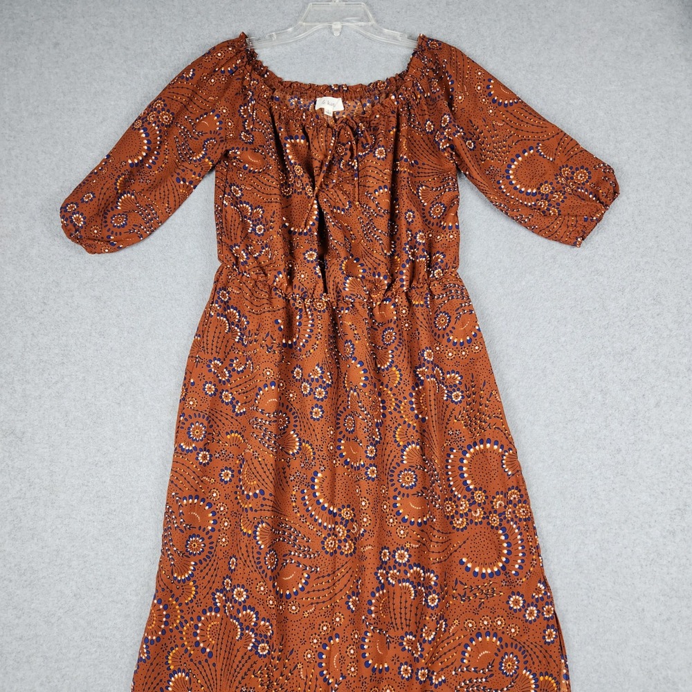 Le Kate Maxi Dress Juniors Large Rust Orange Blue Floral Boho Tie Off Shoulder